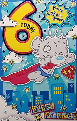 Age 6 Birthday Card - Teddy Super Hero Flying Over City