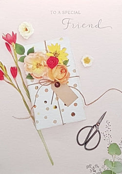 Birthday Card - Special Friend / Flowers Tied To A Gift Box