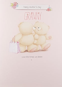 Granny Mothers Day Card - Two Teddies Walking with Pink Bag