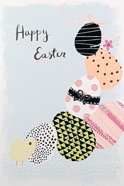 Easter Card - A Little Yellow Chick & Large Eggs With Patterns