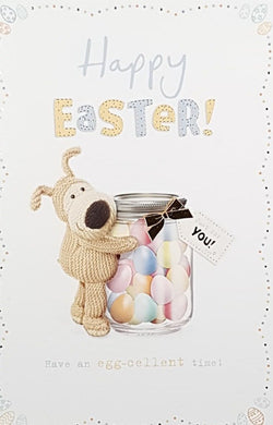 Easter Card - A Dog Teddy Hugging A Jar Of Colourful Eggs