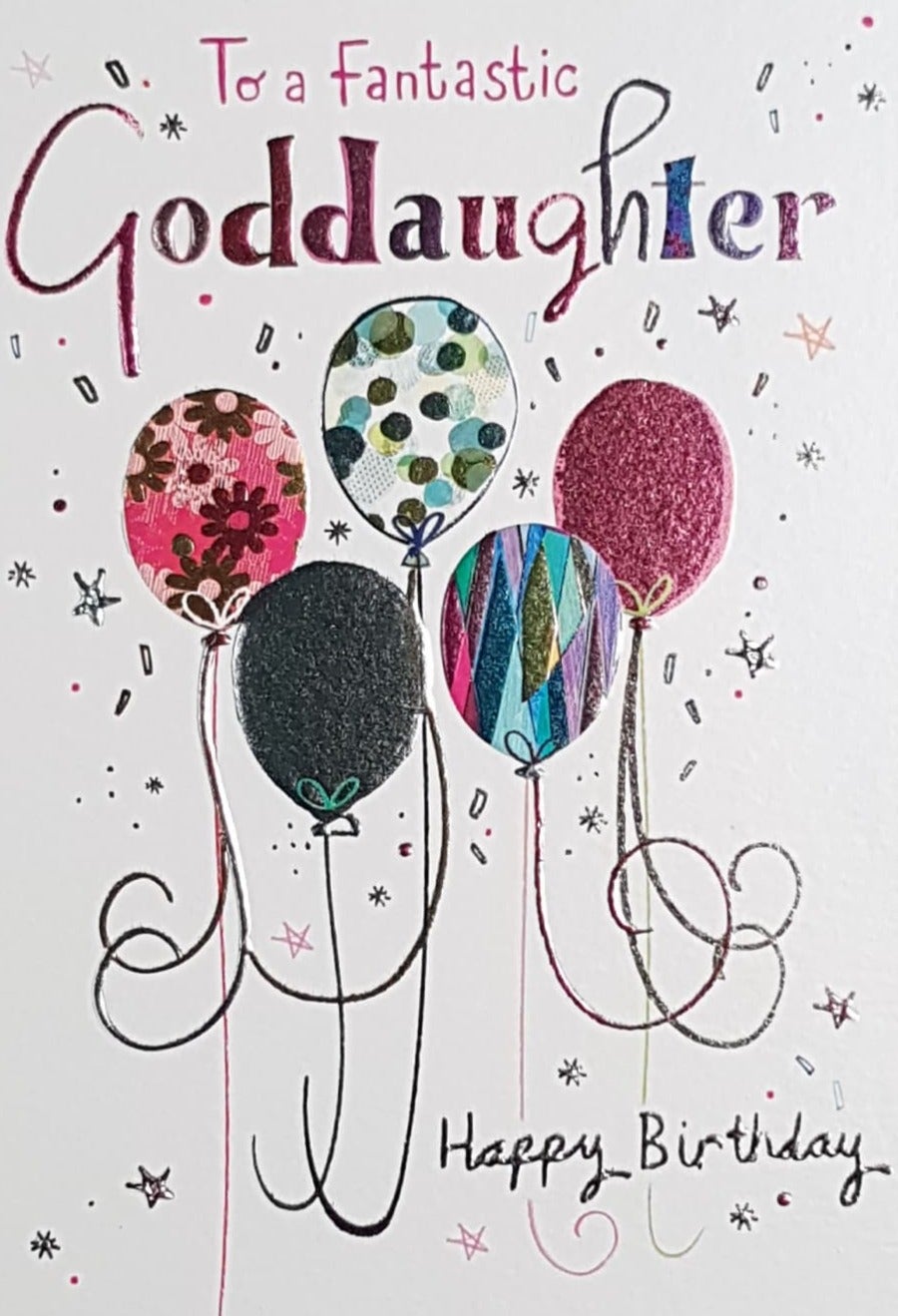 Birthday Card - Goddaughter / A Colourful Shiny Font & Balloons