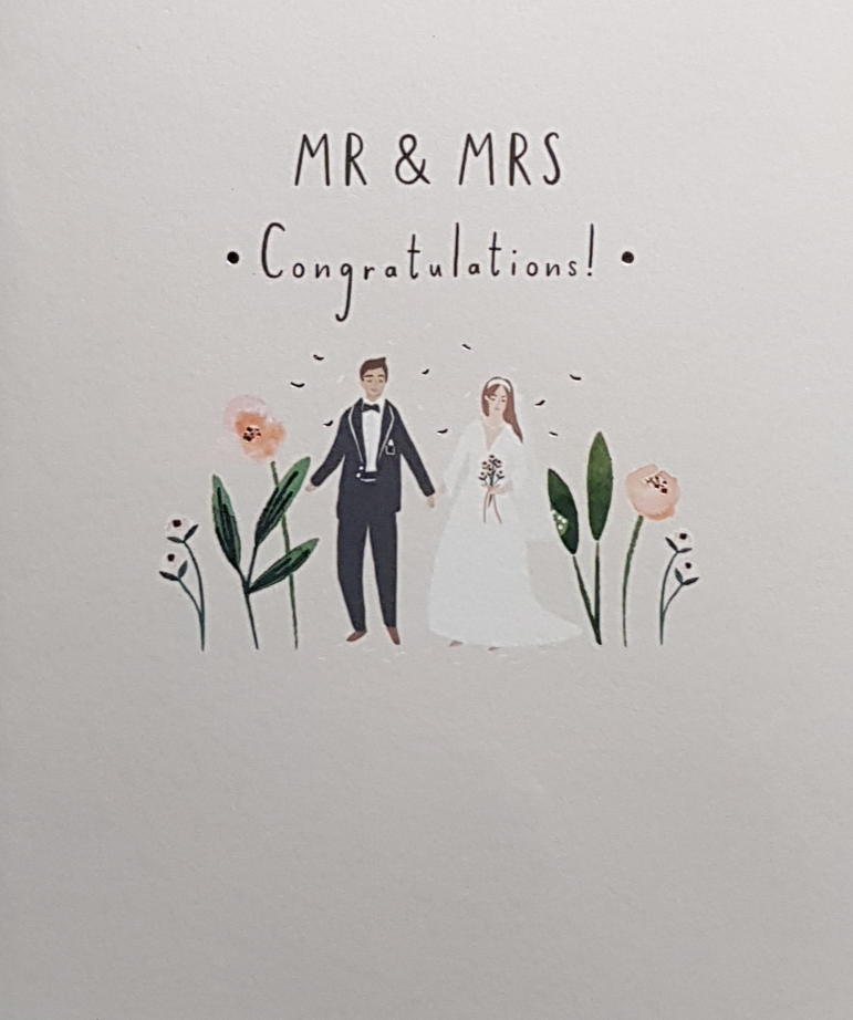 Wedding Card - A Lovely Couple Holding Hands & Flowers