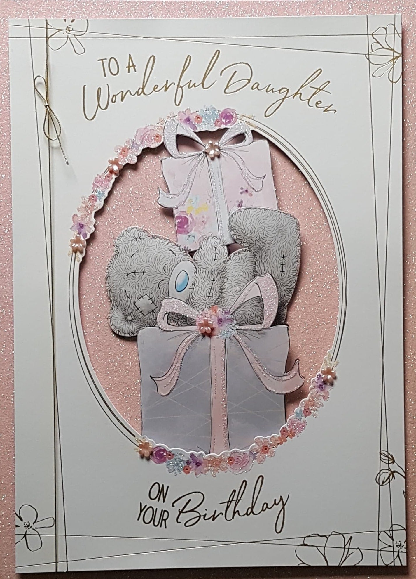 Birthday Card - Daughter / Pretty Floral Motive With Pink Pearls  (A Card In A Box)