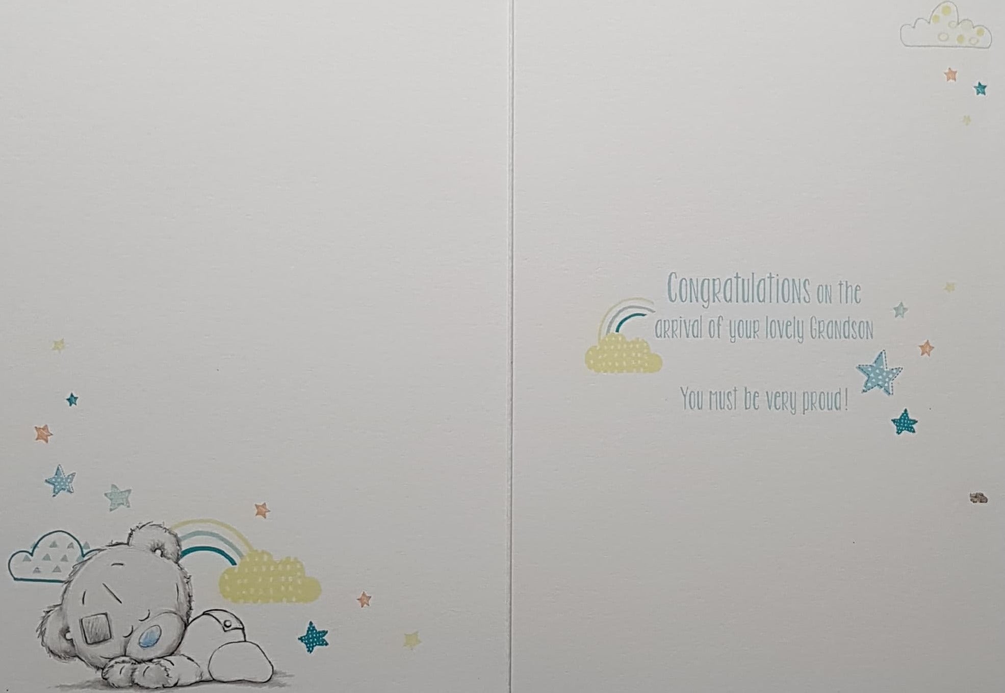 New Baby Card - New Grandson / Teddy Holding A Cloud Balloon With A Rabbit