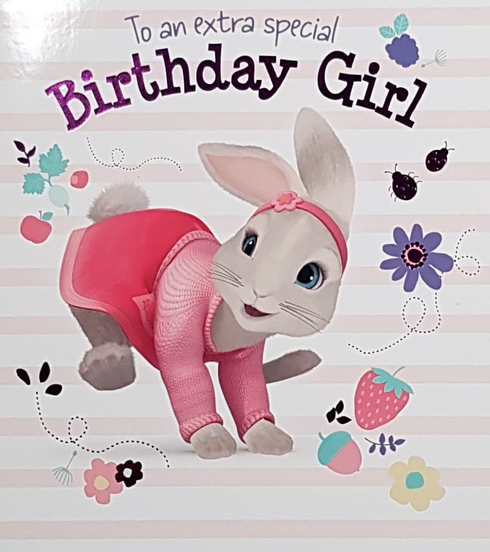 Birthday Card - Birthday Girl / A Cute Rabbit Hopping Along In A Pink Dress