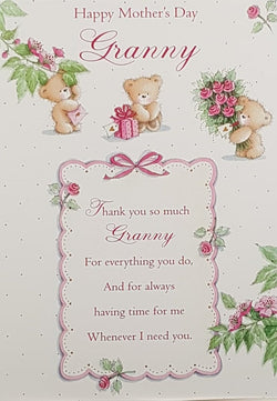 Granny Mothers Day Card - A Beautifull 'Thank You' Verse & Three Teddies