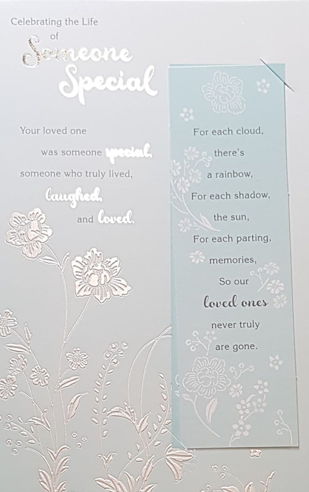 Sympathy Card - A Special Verse On Blue Font & White Shiny Flowers