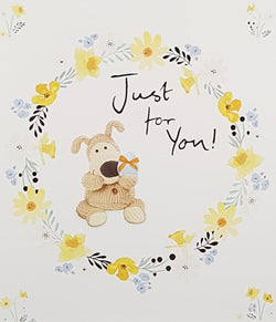 Easter Card - Just For You / A Cute Dog Teddy Holding Egg & A Ring Of Yellow Flowers