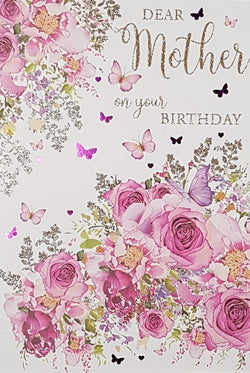 Birthday Card - Mother / Fabulous Pink Roses & Lots Of Butterflies