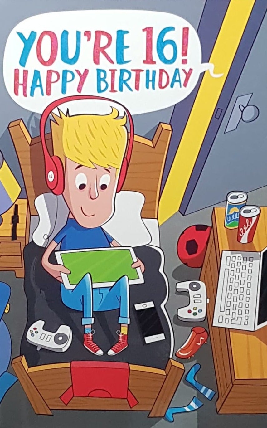 Age 16 Birthday Card - Teenage Boy In Bedroom With Headphones Using A Tablet