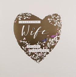 Anniversary Card - Wife / Pink & Blue Birds Inside A Gold Heart