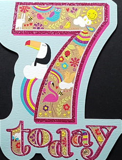 Age 7 Birthday Card - Puffin, Flamingo & Rainbows