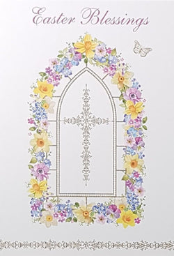 Easter Card - Easter Blessings / A Floral Church Window & A Gold Butterfly