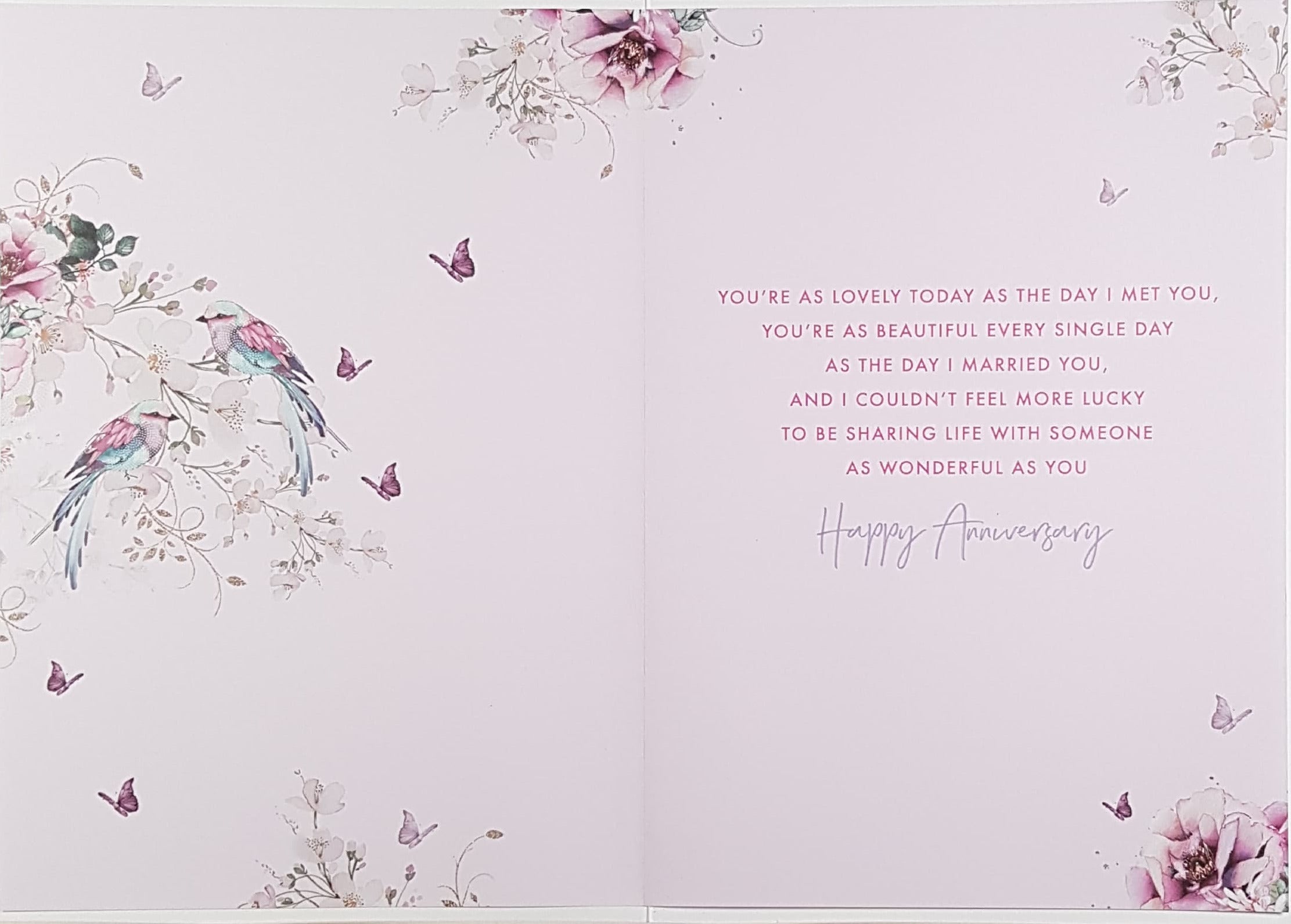Anniversary Card - Wife / Pink Birds & A Pink Floral Border