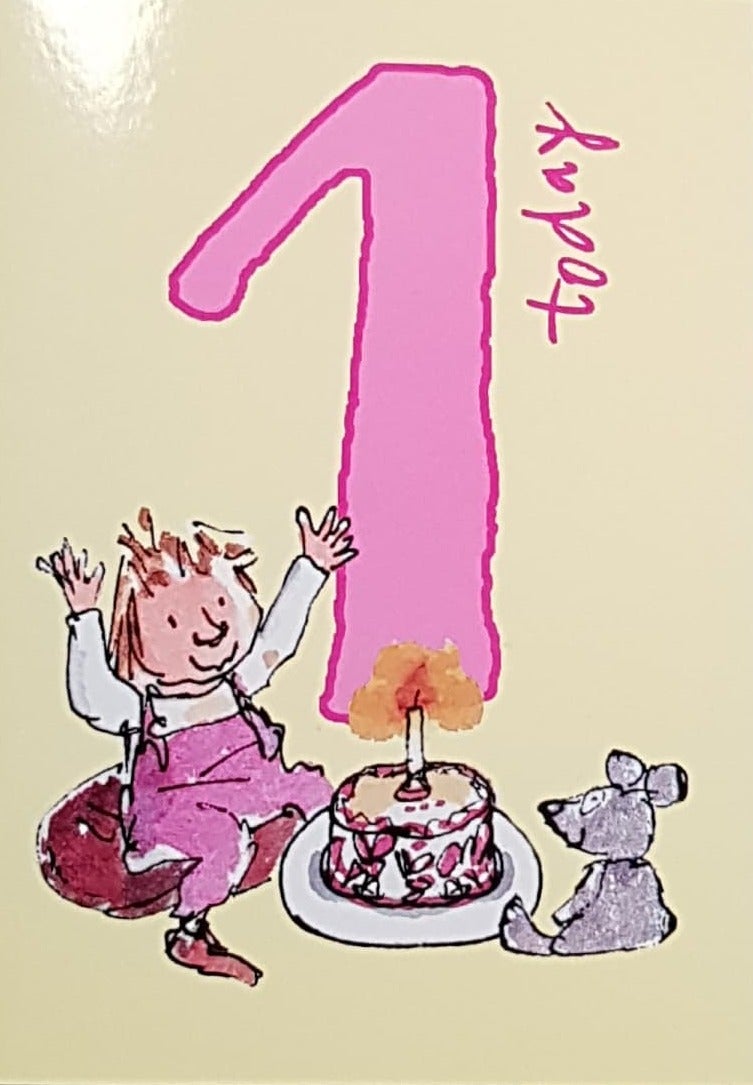 Age 1 Birthday Card - A Little Girl With A Dog Sitting At A Birthday Cake