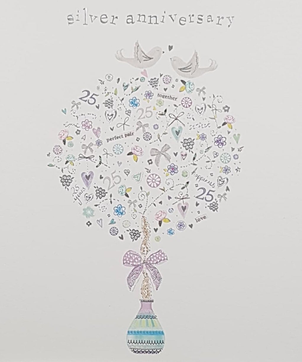 Anniversary Card - 25th Anniversary / Two Birds On A Round Tree With A Pink Bow