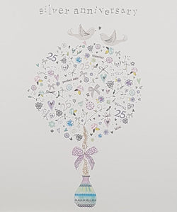 Anniversary Card - 25th Anniversary / Two Birds On A Round Tree With A Pink Bow