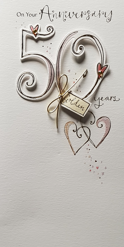 Anniversary Card - 50th Anniversary / 50 With Hearts & A Gold Bow On Digits