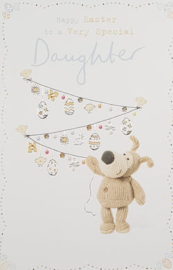 Easter Card - Daughter / A Cute Knitted Dog Hanging Easter Eggs On A String