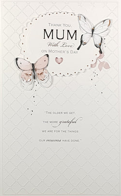 Mum Mothers Day Card - Pink & White Butterfly on White Diamond Pattern
