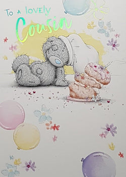 Birthday Card - Cousin / Teddy With A Chef Hat Looking At A Melted Cake