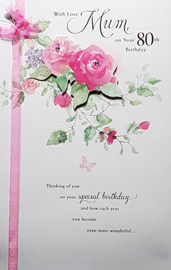 Birthday Card - Mum - 80th Birthday / A Pink Rose Branch & A Ribbon