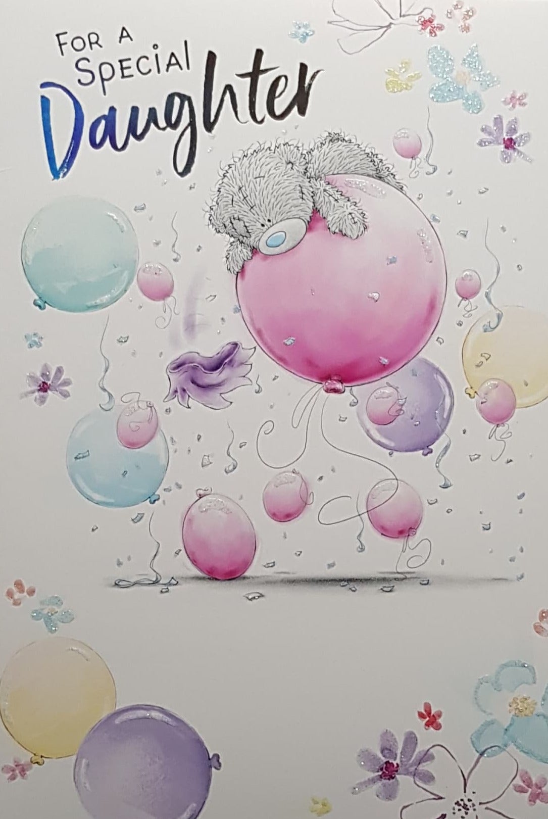 Birthday Card - Daughter / Teddy Bear On Top Of A Pink Balloon