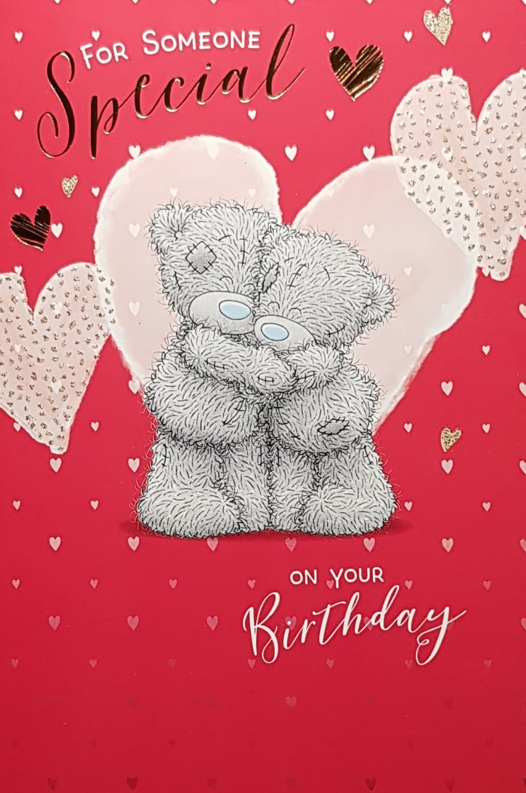 Birthday Card - Someone Special / Teddies Hugging & Pink Hearts On Red Background