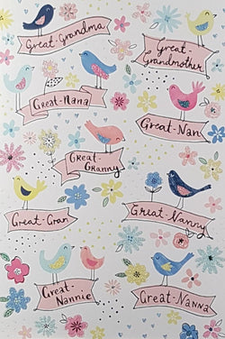 Great-Grandmother Mothers Day Card - Birds on Pink Banners & Flowers