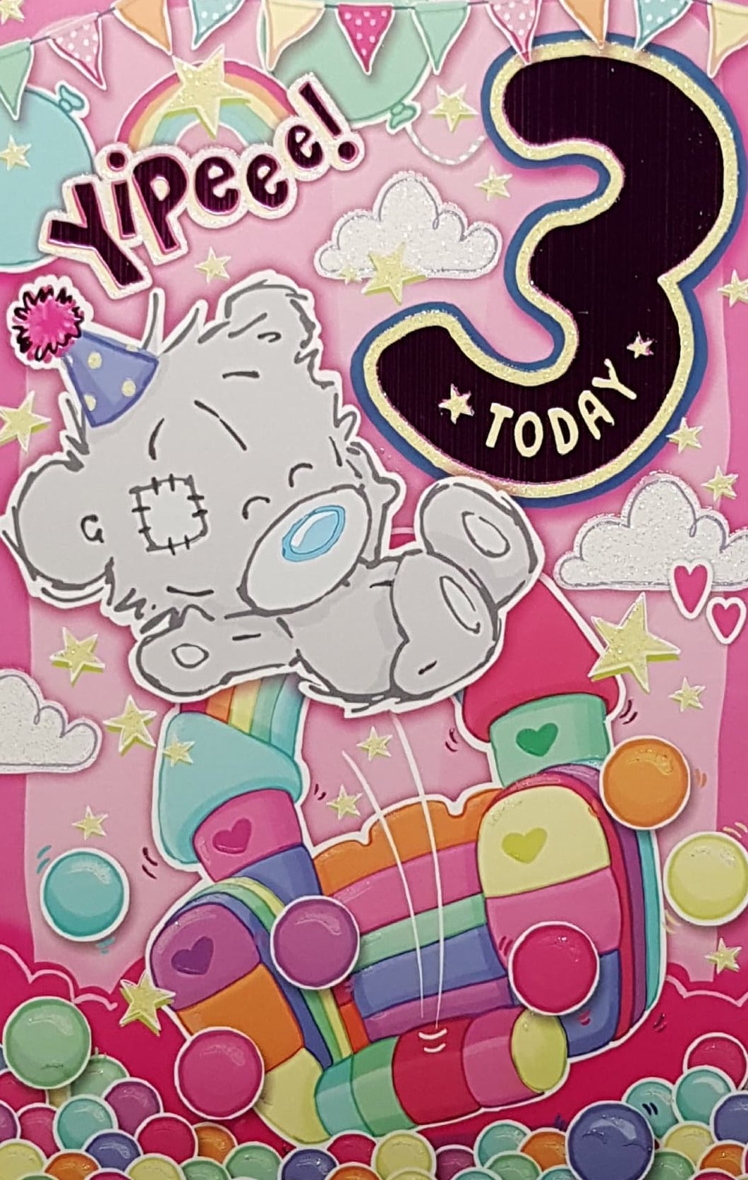 Age 3 Birthday Card - Happy Teddy On A Colourful Pink Bouncy Castle