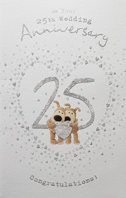 Anniversary Card - 25th Anniversary / A Cute Dog Couple Holding A Silver Heart