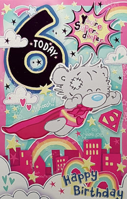 Age 6 Birthday Card - Cute Teddy Flying Over A City Wearing A Pink Cape