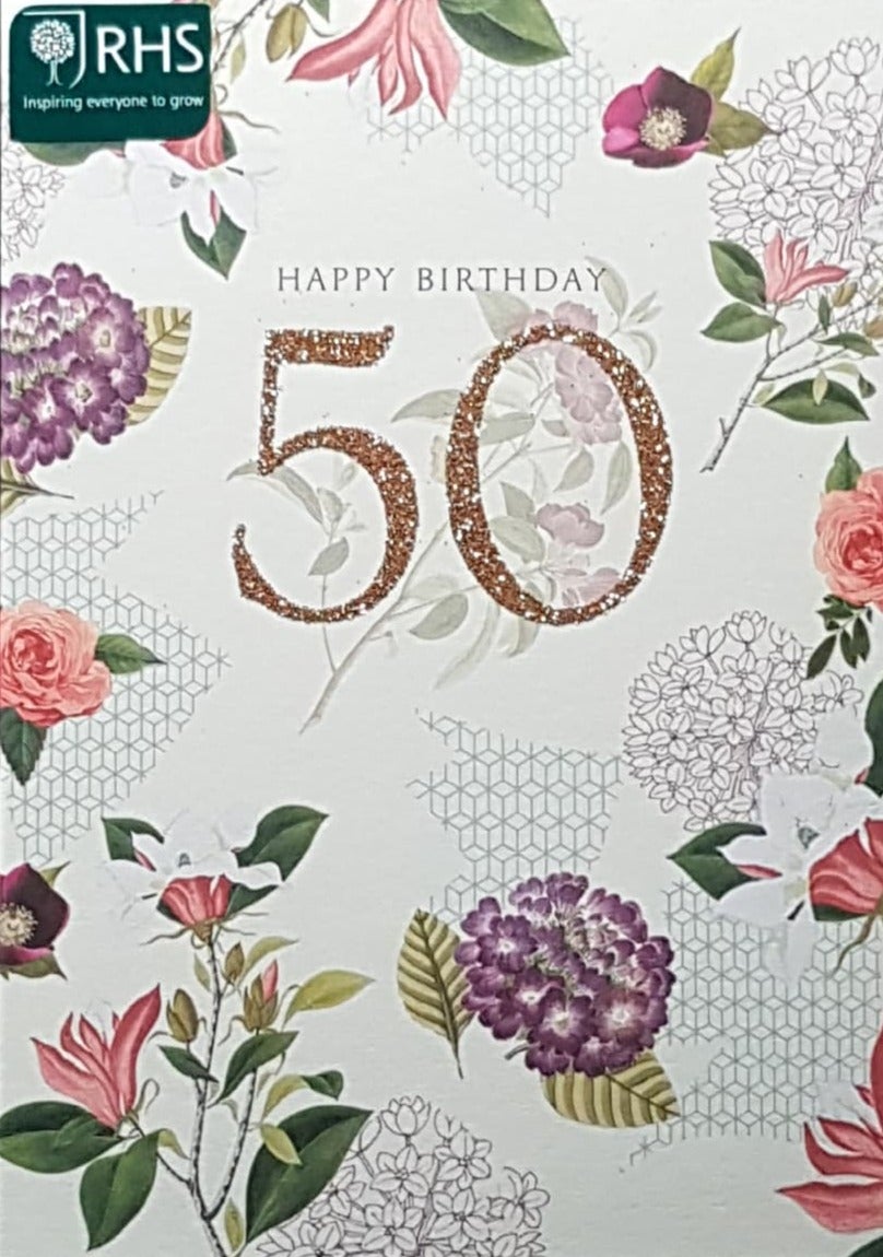 Age 50 Birthday Card - Elegant Different Types Of Flowers & Gold Font (RHS)