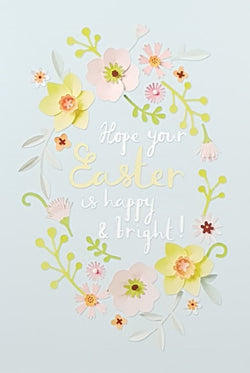Easter Card - A Ring Of Yellow & Pink Flowers On A Blue Background
