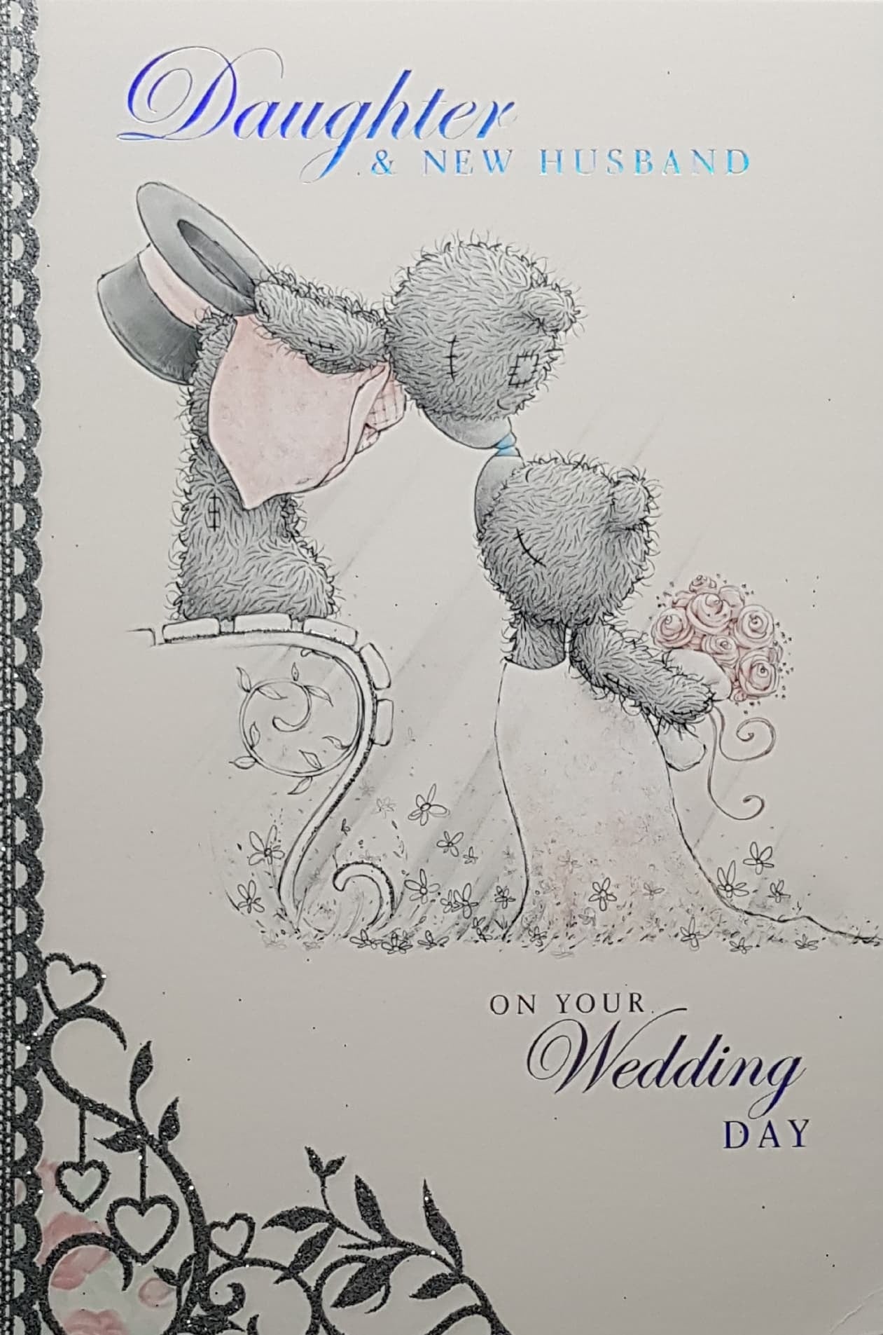 Wedding Card - Daughter & Son In Law / Cute Bride & Groom Teddies Touching Noses