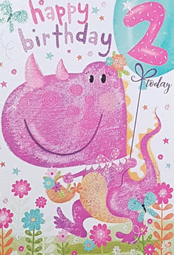 Age 2 Birthday Card - A Happy Pink Dinosaur Walking Through Flowers