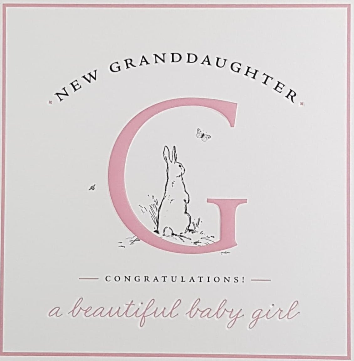 New Baby Card - New Granddaughter / A Rabbit Sitting In Pink 'G'