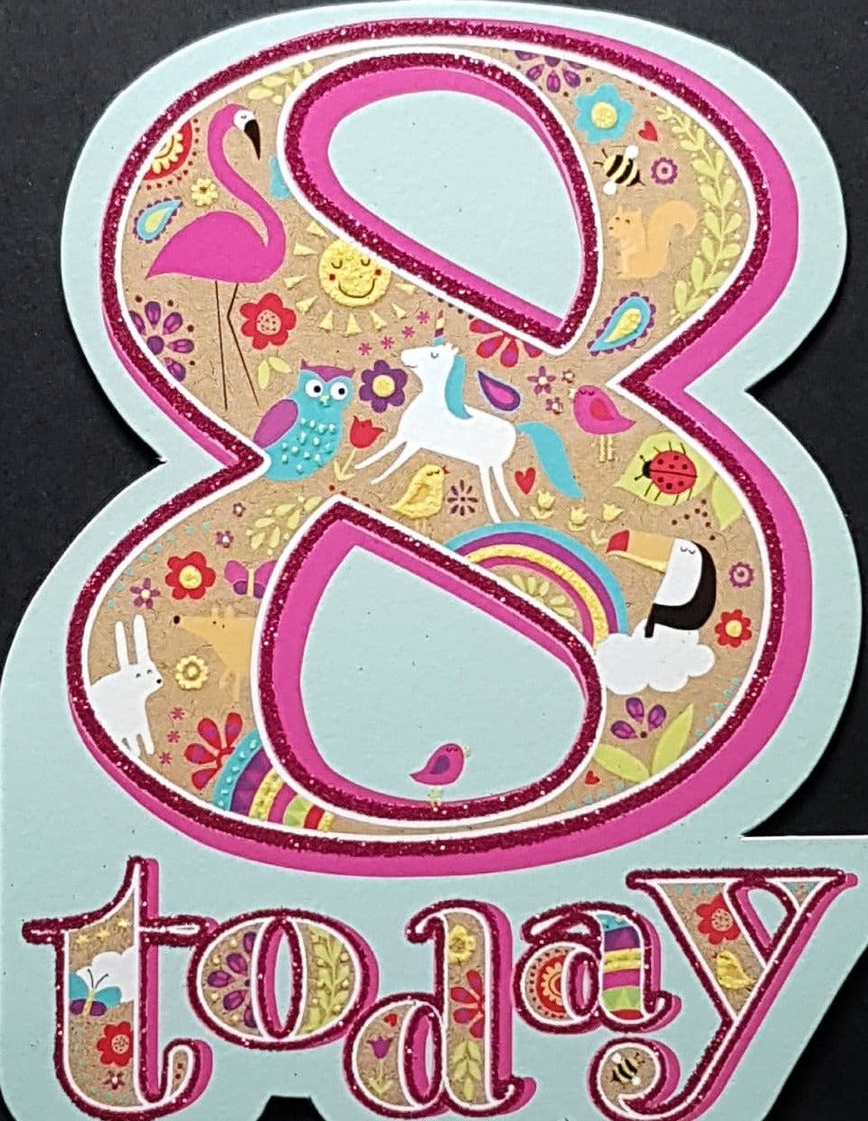 Age 8 Birthday Card - Flamingo, Owl, Puffin & Rainbow Inside Number 8
