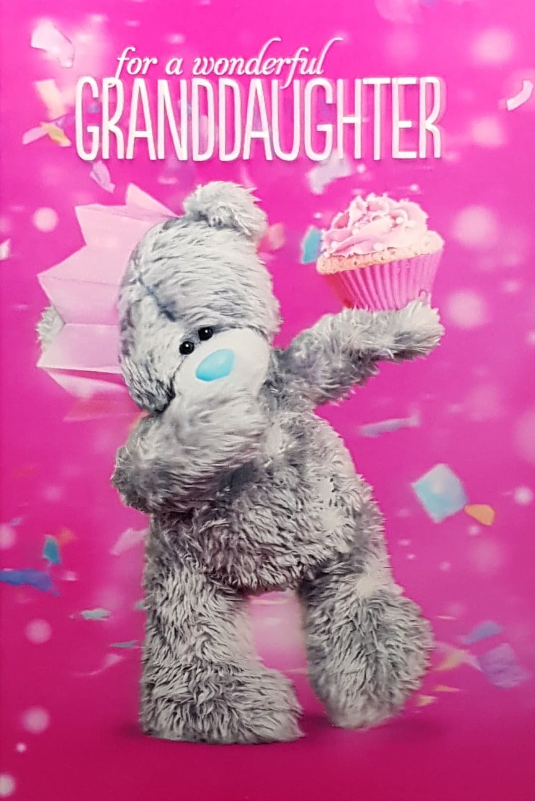Birthday Card - Granddaughter / Fluffy Teddy In Pink Hat Holding Out A Cupcake (3D Card)