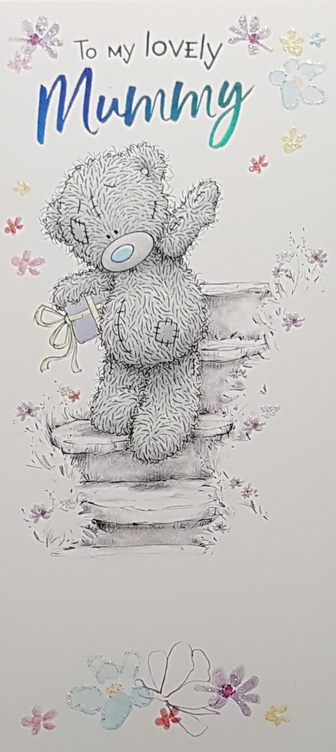 Birthday Card - Mummy / Teddy Balancing Down Steps With A Gift