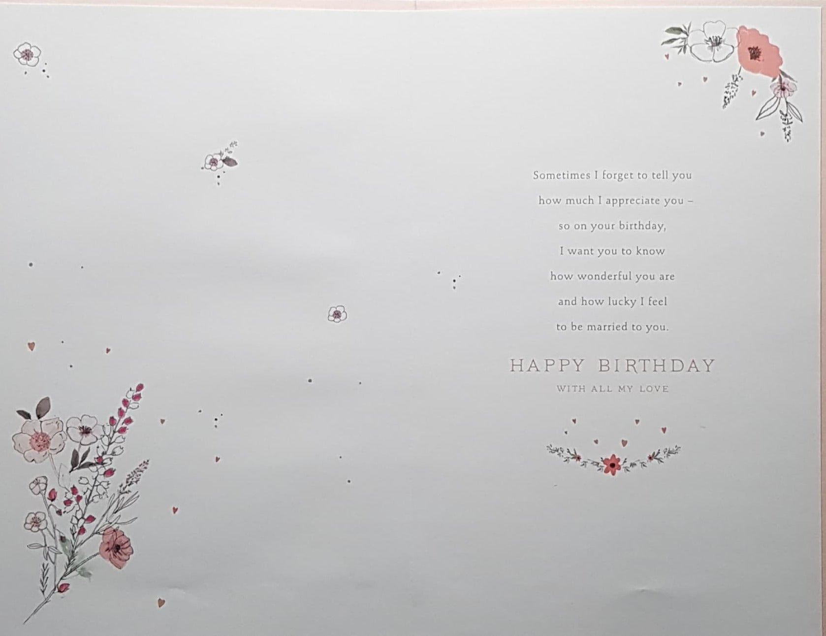 Birthday Card - Wife / Two Small Birds On A White Heart & Pink Design Background