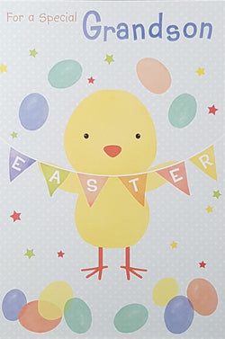 Easter Card - Grandson / A Yellow Chick Holding Easter Banner