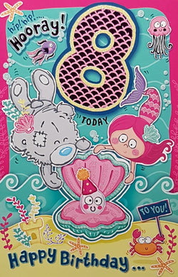 Age 8 Birthday Card - Happy Teddy & A Mermaid Opening A Clam Under Water