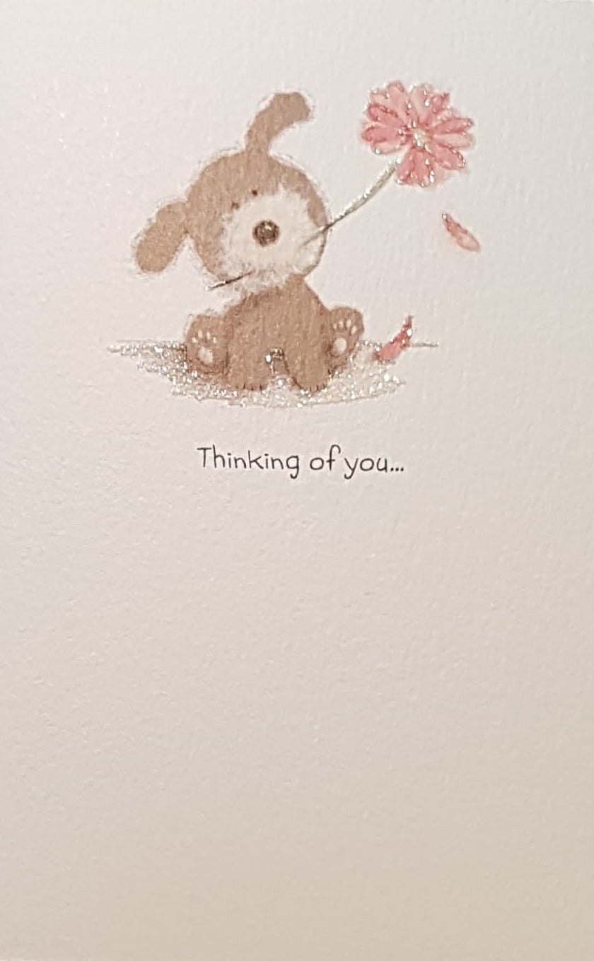 Thinking Of You Card - A Cute Dog Holding A Pink Flower