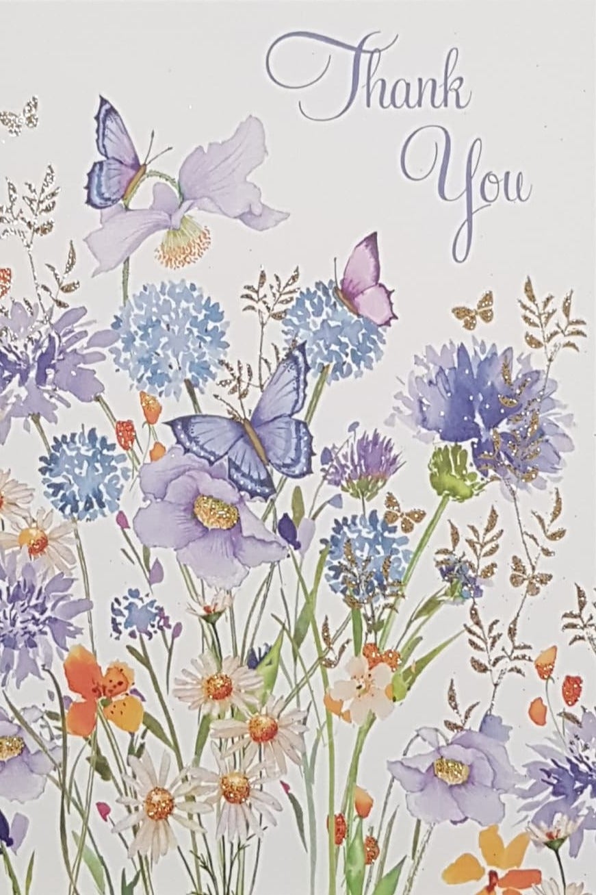 Thank You Card - Purple Butterflies On Purple & Orange Flowers