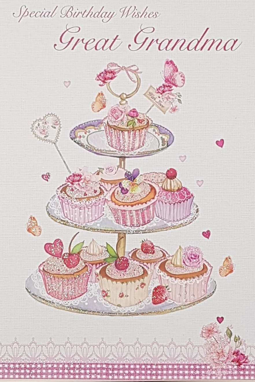 Birthday Card - Great Grandma / A Stand Of Lovely Pink Cupcakes