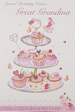 Birthday Card - Great Grandma / A Stand Of Lovely Pink Cupcakes