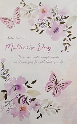 General Mothers Day Card - Purple Flowers With Gold Motive & Two Butterflies