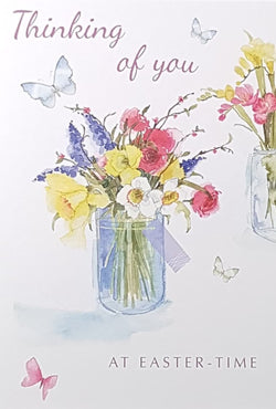 Easter Card - Thinking Of You / Two Yellow Bouquets Of Flowers & Four Butterflies